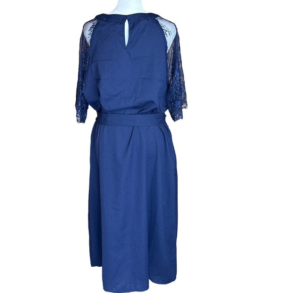 Bloomchic Dress Solid Keyhole‎ Round Neck Pocket Lace Sleeves Navy - Picture 6 of 13